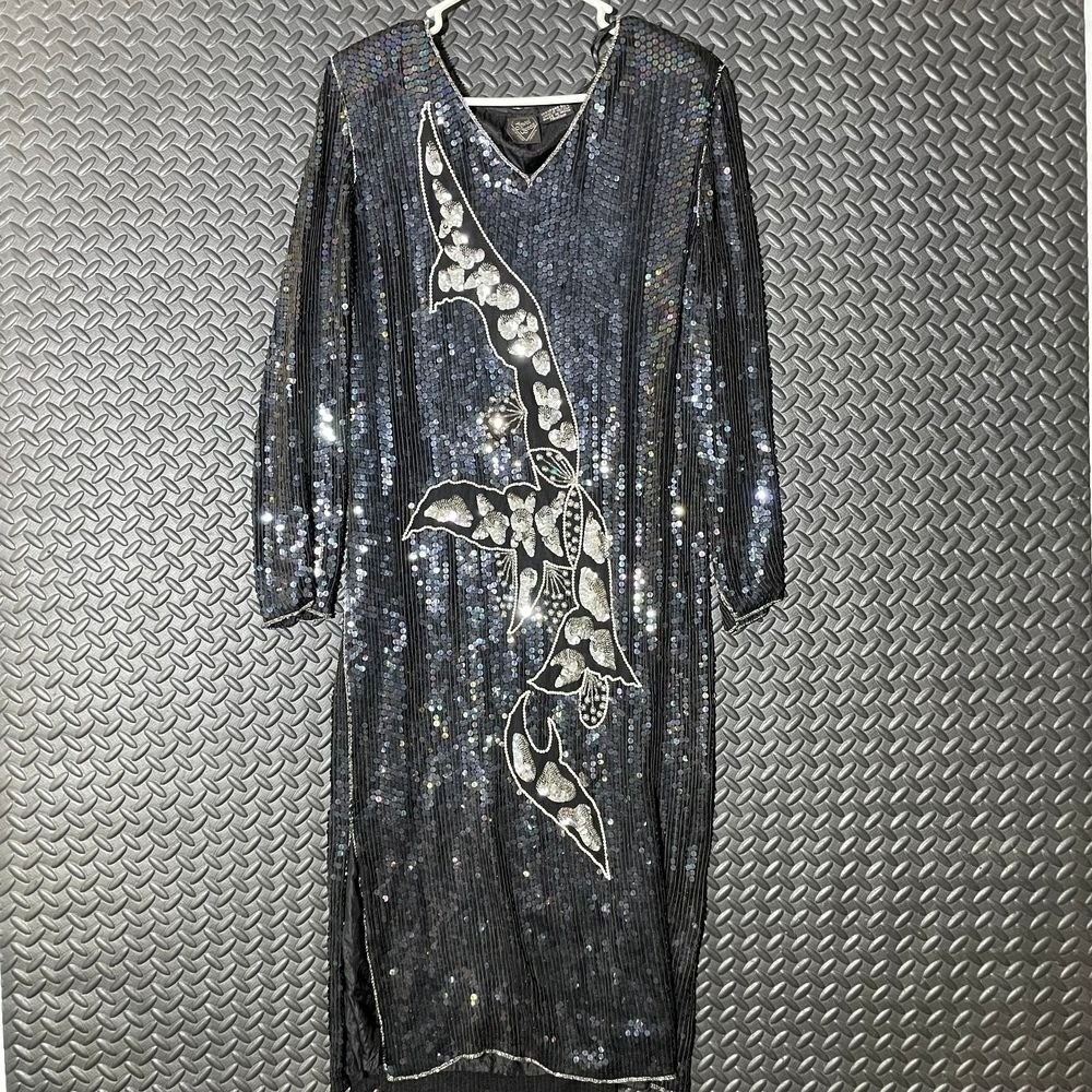 Vintage‎ Jewel Queen Black Elegant Beaded Sequin Dress 100% Silk Women's Size M